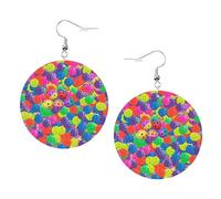 Pickleball Balls Colors Pattern Prints Leather Round Earrings Pendant Stylish And Light Lightweight Dangle For Women Girls, One Size, Leather, No Gemstone
