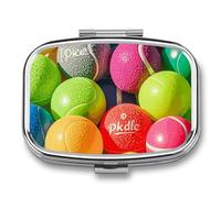 Pickleball Balls Colors Pill Box with 2 Compartments Portable Metal Medicine Organizer for Pocket Purse and Travel Compact Pill Case and Fish Oil Vitamins Supplements