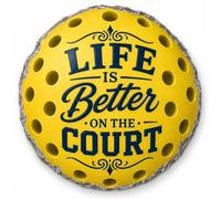 Pickleball Life Is Better on the Court Garden Stepping Stone, 9.75 Inch | Yellow pickleball artwork with dark openings surrounds bold blue lettering celebrating the court.