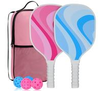 Pickleball Paddles Set of 2, Cute Pink & Blue Pickleball Rackets with 4 Pickle Balls, 1 Portable Pickleball Bag, Wooden Aesthetic Pickleball Paddles Set for Beginner Women Gift