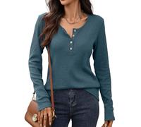 PICKLION Women's Long Sleeve Tops Waffle Knit T Shirts V Neck Tunic Henley Shirts Button Up Blouse Blue L