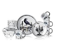 Pickmesh 16 Pcs Halloween Gothic Ceramic Dinnerware Serve for 4 Guest Holiday Dinner Festive Collection Gifts Spooky Kitchen Decoration Holly Ivy Dessert Plate Bowl Mug for Holiday Party