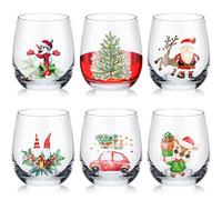 Pickmesh 6 Pcs Christmas Wine Glass 12oz Xmas Stemless Wine Glass Funny Christmas Themed Red Wine Glass Cups Merry Christmas Party Gifts for Women Men Family Friends(Multicolor,Xmas Patterns)