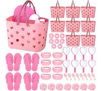 Pickmesh Spa Party Supplies Overnight Party Supplies with Pink Basket Heart Mirror Headband Satin Hair Bobbles Hair Brush Loofah Disposable Slippers for Spa Birthday Party Gift 8 Pack