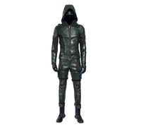 picmefee Men's Archer Green Costume Adult Oliver Queen Pu Leather Cosplay Battle Outfit, Green, S