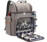 Picnic Backpack for 4, Picnic Basket Set, Leakproof Picnic Bag, Beach Cooler Backpack with Insulated Cooler Wine Pouch,Picnic Blanket, Double Deck Picnic Backpack for Beach,Camping,Park (Brushedkhaki)