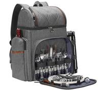 Picnic Backpack for 4, Picnic Basket Set, Leakproof Picnic Bag, Beach Cooler Backpack with Insulated Cooler Wine Pouch,Picnic Blanket, Double Deck Picnic Backpack for Beach,Camping,Park (Gray)