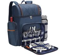 Picnic Backpack for 4, Picnic Basket Set, Leakproof Picnic Bag, Beach Cooler Backpack with Insulated Cooler Wine Pouch,Picnic Blanket, Double Deck Picnic Backpack for Beach,Camping,Park (Navyblue)