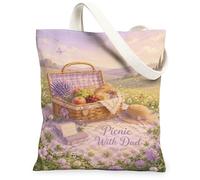 Picnic Basket Canvas Tote Bag for Women, Spring Romantic Lavender Fruits Spring Lavender Washable Reusable Everyday Tote Ba, Lavender, 13x15 Inch