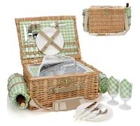 Picnic Basket for 2, Insulated Willow Picnic Baskets with Shoulder Strap, Picnic Hamper with Waterproof Picnic Blanket, Handmade Wicker Hamper for Outdoor Camping, Green Check
