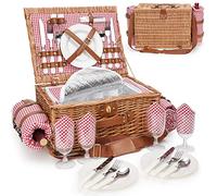 Picnic Basket for 4, Insulated Willow Picnic Baskets with Shoulder Strap, Picnic Hamper with Waterproof Picnic Blanket, Handmade Wicker Hamper for Outdoor, Great Gifts for Thanksgiving, Christmas