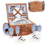Picnic Basket for 4, Insulated Willow Picnic Baskets with Shoulder Strap, Picnic Hamper with Waterproof Picnic Blanket, Handmade Wicker Hamper for Outdoor, Great Gifts for Thanksgiving, Christmas