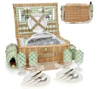 Picnic Basket for 4 People, Insulated Willow Picnic Baskets with Shoulder Strap, Picnic Basket with Waterproof Picnic Blanket, Handmade Wicker Basket for Outdoor Camping, Green Check