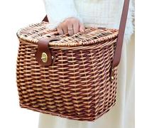 Picnic Basket Wicker - Flower Basket with Shoulder Strap,Storage Container with Shoulder Strap and Lid for Toys Foods Books Bread Flowers Living Room Bedroom Study Farmhouse Picnic