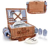 Picnic Baskets for 2, Picnic Basket with Waterproof Blanket, Picnic Basket Set with Washable Beach Mat & Large Insulated Cooler Compartment, Handmade Natural Wicker Hamper for Camping, Outdoor Party