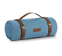 VonShef Picnic Blanket, Blue Herringbone Outdoor Rug with Waterproof Backing, 6 Person Weatherproof Picnic Mat with Faux Leather Handle, Water Resistant Camping Accessories, 147x180cm