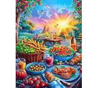 Picnic Feast in Magical Forest 300 Pieces Set Classic Jigsaw Puzzle Accompany Fairy Tale Cute Couple Puzzle Partners Mind Relaxation Wall Decor Easter New Year Recycled Cardboard Material 300 PCS