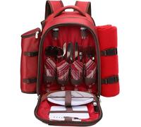 Picnic Holdall Back Pack, Extra Large Red, 2 Person with Dining, Rug & Cutlery Set, Picnic Travel Bag with Insulated Cooler Compartment, Beach & Camping Accessories