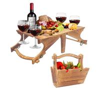 Picnic Table 2-in-1 Wooden Folding Basket Table with Wine Glass Holder Portable Outdoor Storage for Camping Beach Wine Lover Gift 11.8*9.1*5.9inch, Wooden Folding