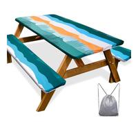 Picnic Table Cover with Bench Covers 5FT Waterproof Fitted Outdoor Tablecloth Camping Essentials with Drawstring Bag for Rectangle Tables and Seats, 60in, Orange Blue