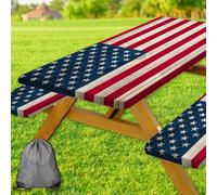 Picnic Table Cover with Bench Covers and Bag, American Flag Waterproof Windproof, Fitted Tablecloth Cover with Elastic Edge, for Indoor & Outdoor, Garden, Camping, 3 Pieces Set, 30x72 Inch