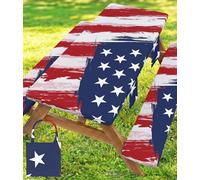 Picnic Table Cover with Bench Covers Waterproof Rectangle Tablecloth Camping Essentials Supplies Rv Travel Must Haves Gear Accessories Fitted Table Cloth Outdoor Road Trip Camper Gifts American Flag