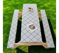 Picnic Table with Bench Covers - Oxford Fitted Geometric Pattern Elastic Tablecloth Waterproof Oilproof TPU Coating for Rectangle Tables & Seats Patio Camping Garden Outdoor Use (#3,76x122cm+30x122cm)