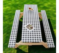 Picnic Table with Bench Covers - Oxford Fitted Geometric Pattern Elastic Tablecloth Waterproof Oilproof TPU Coating for Rectangle Tables & Seats Patio Camping Garden Outdoor Use (#5,76x122cm+30x122cm)