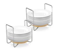 Piconico Plate Holder for Kitchen Drawers - Bamboo Dish Racks for Kitchen Counter 2Pcs Small - Adjust 6.75" to 8" Stainless Steel Plate and Bowl Organizer for Cabinet, RV, Countertop