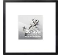 Picture Frame, 20 x 20 cm, Black, Aluminium Square Photo Frame with Tempered Glass, for 20 x 20 cm Photos without Mount or 9 x 9 cm Photos with Mount, Metal Narrow Frame for Artworks and Posters