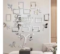 Picture Frames Collage Wall Decor - Family Tree Wall Decor for Living Room - Acrylic 3D DIY Mirror Sticker Photo Frames Quotes Wall Art Decals for Bedroom Living Room (Silvery)