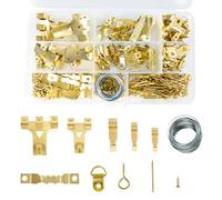 Picture Hooks 250 Pcs, Picture Hanging Kit Heavy Duty with Picture Wire Nails with Screws Sawtooth Hangers D-Ring Assorted Frame Picture Hooks for Mirrors Decor Paintings Plasterboard Walls (Gold)