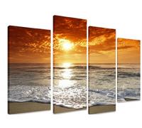 PICTURE - Multi Split Panel Canvas Artwork Art - Corsica Beach Sunset Seascape Ocean Waves Orange And Red Sky - ART Depot OUTLET - 4 Panel - 101cm x 71cm (40"x28")