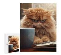 Picture Puzzle - Angry Cat Drinking Coffee, Wooden Jigsaw Puzzle for Adults, 500 PCS, Winter Gift, for Mindful Indoor Entertainment