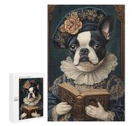 Picture Puzzle - Boston Terrier Renaissance Scholar Classic Canine Art, Displayable Picture Puzzle, 1000 PCS, New Year Gift; for Shared Table Time