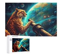Picture Puzzle - Cheetah Observing The Universe Through A Telescope, Decorative Wooden Puzzle, 1000 PCS, Year-End Present, with A Decorative Finished Picture
