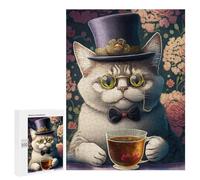 Picture Puzzle - Tea Drinking Cat, Decorative Jigsaw for Grown-Ups, 500 PCS, New Year Party Activity, for Mindful Indoor Entertainment
