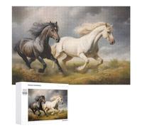 Picture Puzzle - Two Running Horses Animals, Wooden Jigsaw Puzzle for Adults, 1000 PCS, Winter Activity Gift - to Assemble, Frame And Display