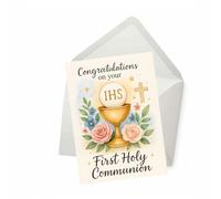 PICTURE THIS PRINTS First Holy Communion Card, First Communion Congratulations Blessing with Chalice and Host, Catholic First Communion Greeting Card for Girl or Boy, Comes with Envelope (5x7”)