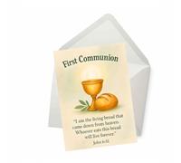 PICTURE THIS PRINTS John 6:51 Bible Verse for First Communion Card, Christian First Communion Greeting Card with Bread and Chalice, Catholic Scripture Blessing for Kids, Comes with Envelope (5x7”)
