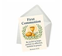 PICTURE THIS PRINTS Romans 12:12 First Communion Card, Bible Verse First Communion Greeting Card, Catholic Blessing with Chalice and Bread, Comes with Envelope (5x7”)