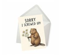 PICTURE THIS PRINTS Sorry I Screwed Up Apology Greeting Card, Funny Sorry Card with Beaver and Flowers, Cute Animal Humor Forgiveness Greeting for Making Amends, Comes with Envelope (5x7”)