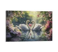 Pictures on CanvasLove Swans Wall Art Flower Pond Artwork Colorful Canvas Paintings Gift for Home Decor 16x24inch(40x60cm)