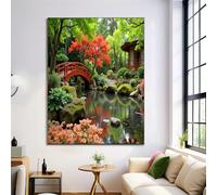 Pictures Print on Canvas, Emerald Green Japanese Garden Pond Wooden Bridge Wall Art Canvas Painting， Modern Poster and Large Prints for Living Room Home Decorative 40x50cm Frameless
