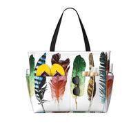 Pidgazdfgv Large Colorful Hand Drawn Feathers On White Beach Bag Women Men Waterproof Pool Bag Holiday Travel Sports Bag Gym Sack Backpack