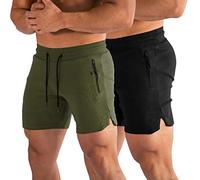 PIDOGYM Men's 5" Gym Workout Shorts,Fitted Jogging Short Pants for Bodybuilding Running Training with Zipper Pockets, Black+army Green, Large