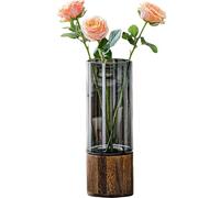 PIDUDU Artistic Wood Glass Vase,Cylindrical Wooden Base Smoked Glass Vase,12 Inch Tall Plant Vase for Entryway, Dining Table, Shelf, Living Room, and Modern Home Decor Vase