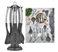 Piece BPA Candy Colours Utensils Set -Ultra Non Stick, Premium Rotating Stand, Turner, Spatula, Spoon, Ladle, Pasta, Space Saving Kitchen Tools (Duo Grey)