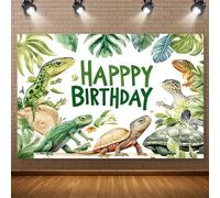 piece Jungle Reptile Happy Birthday background vibrant party decor with lush foliage and wood banner