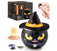 PieceRelax 3D Halloween Puzzle Candle Light - LED Jack O’ Lantern Decor with Flameless Tea Lights - Battery Operated Plastic Pumpkins for Indoor & Outdoor Spooky Decorations, Magic Cat [KL1075]